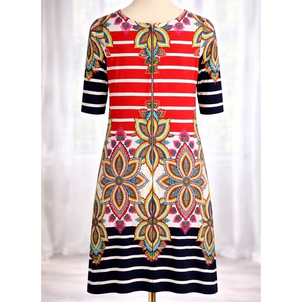Joseph Ribkoff Dress 12 Orange Black Floral Striped Sheath Jersey‎ Vibrant Artsy - Picture 3 of 12